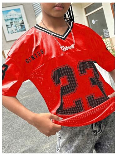 Image of WDIRARA Girl's Number Graphic Jersey Shirts Short Sleeve V Neck Tees Oversized T-Shirt Tops