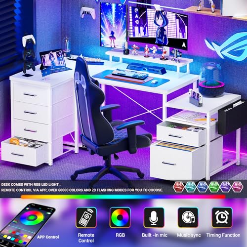 Unikito 70.8\" Reversible L Shaped Computer Desk with Fabric File Drawers, Corner Desk with RGB LED Light & Power Outlets & Monitor Stand, Large Gaming Desk for Home Office Workstation, White