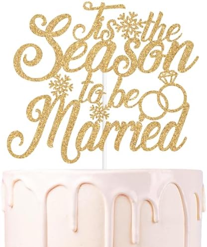 Gold Glitter Tis the Season to be Married Cake Topper, Snow in Lo...