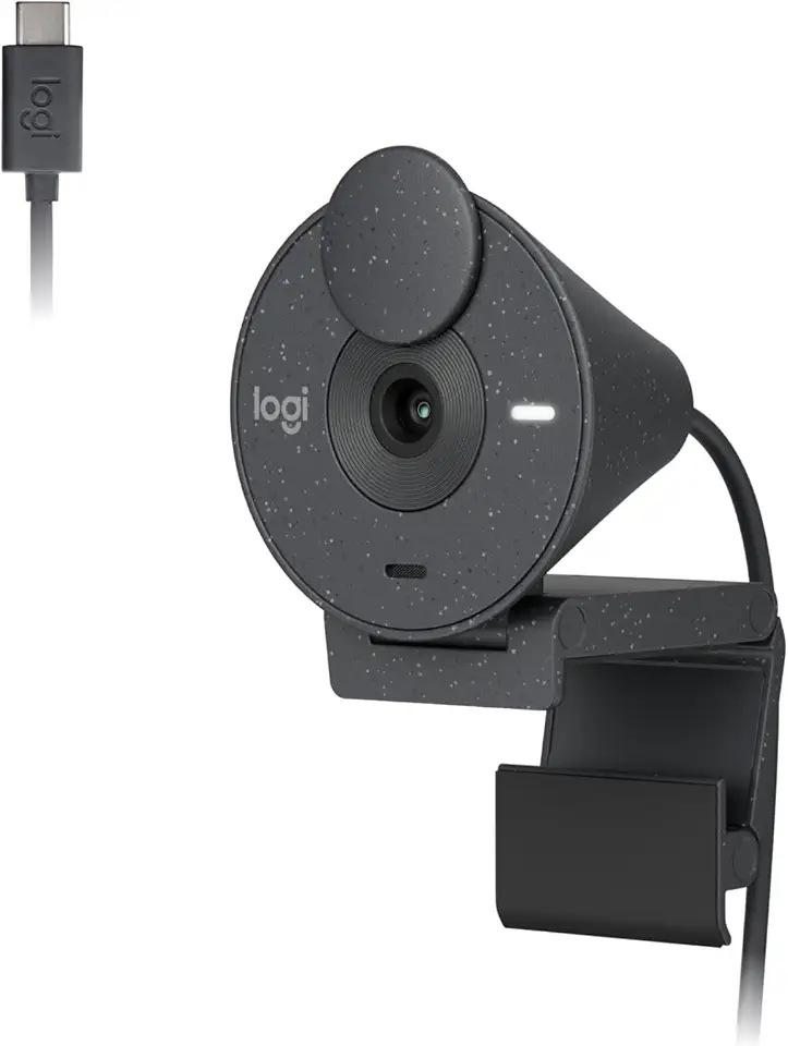 Webcam Full HD Logitech Brio 300 com Microfone com Redução de Ruído, Proteção de Privacidade, Correção Automática de Luz e Conexão USB-C- Grafite