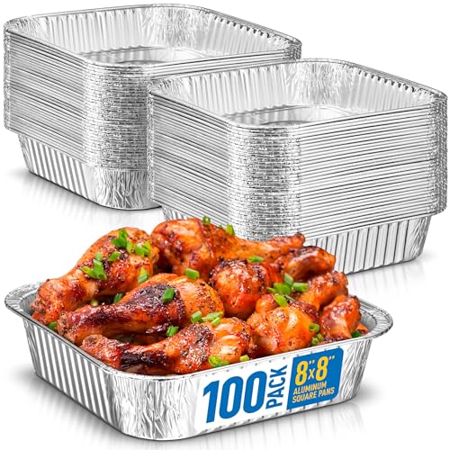 Image of 8x8 Disposable Aluminum Pans - 100 Pack Foil Pans For Cooking, Baking Cakes, Roasting & Homemade Breads - Disposable Food Containers
