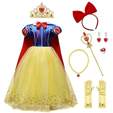 IMEKIS Kid Girls Snow White Dress Princess Fancy Cosplay Dress Up Birthday Pageant Ball Gown Short Sleeve Long Tulle Tutu with Accessories Fairytale Outfit Christmas Carnival Costume Blue 5-6 Years Cover