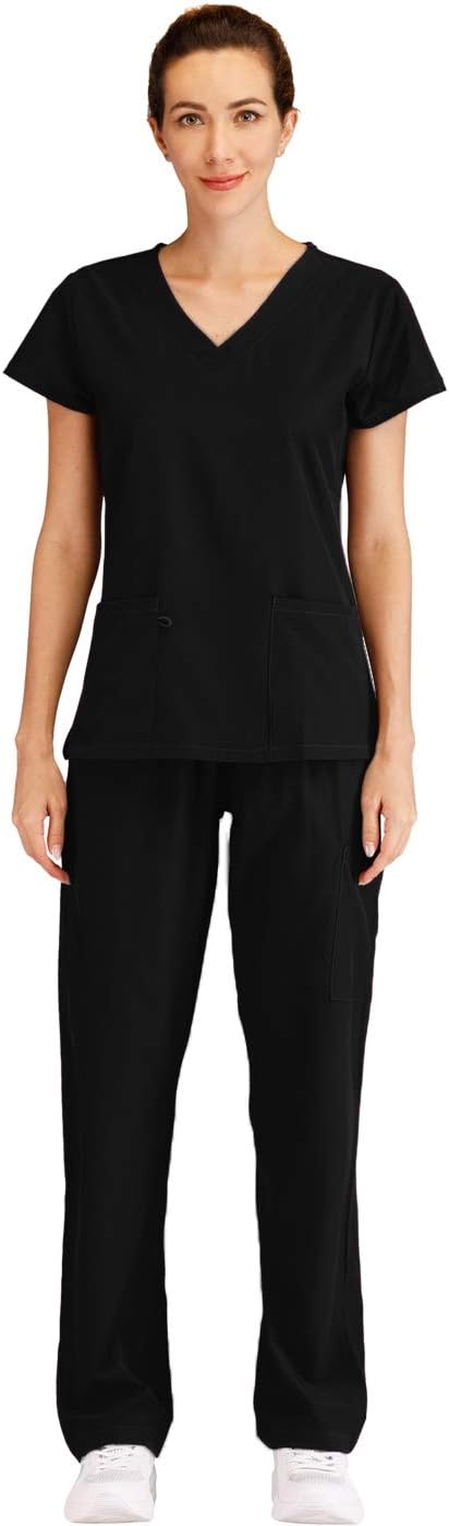 Minty Mint Women's V Neck Solid Stretch Medical Scrub Set Black M