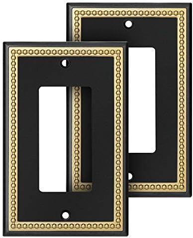 Pearled Frame Decorative Wall Plate Switch Plate Outlet Cover (Single Decorator, 2 Pack, Matte Black & Dark Golden)