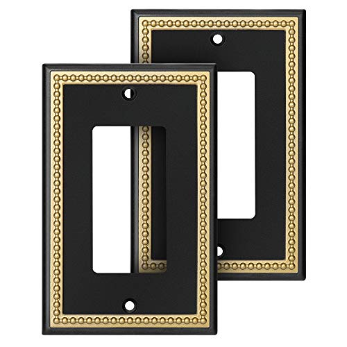 Pearled Frame Decorative Wall Plate Switch Plate Outlet Cover (Single Decorator, 2 Pack, Matte Black & Dark Golden) #TOP16