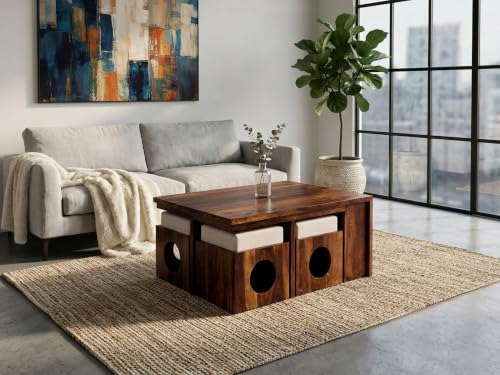 Image of Furniture Sheesham Wood Round Center Coffee Table | Wooden Teapoy Tea Cocktail Tables (Light Walnut Finish, 96.5D x 76.2W x 45.7H CM)