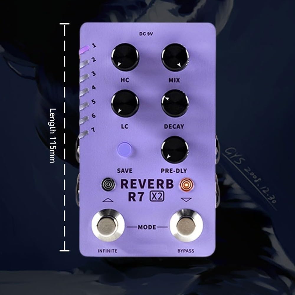 Efecto de bloque único R7X2, pedal de reverberación estéreo de clavijas dobles, efecto de guitarra eléctrica