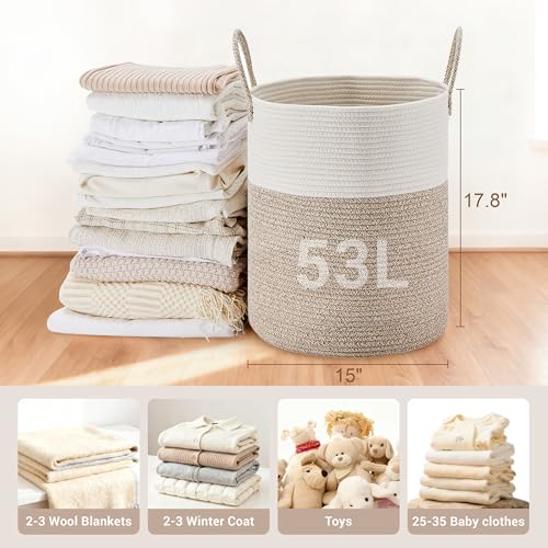 Image of 53L Tall Cotton Rope Laundry Basket with Handles, Brown