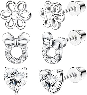 LOLIAS 3 Pairs Sterling Silver Screw Back Earrings for Women Pink Halo Cubic Zirconia Earring Barbell Flower Stud Earrings Heart CZ Stud Hypoallergenic Earrings Set