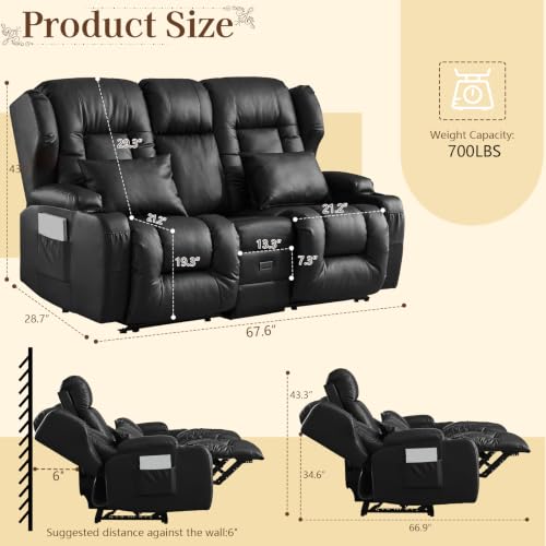 Image of SAMERY 67.6 inch Loveseat Recliner Sofa | Double Recliner Sofa & Console | Wall Hugger Loveseat Reclining RV Theater Seats | RV Couch Home Theater Seating Furniture (Faux Leather Black)
