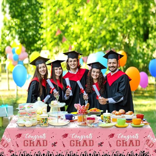 Image of chiazllta Set of 3 Graduation Tablecloths Class of 2026 Congrats Grad Pink Graduation Party Tablecover Decorations Party Supplies Large Size Plastic 54 inchx108 inch(Pink & Gold)