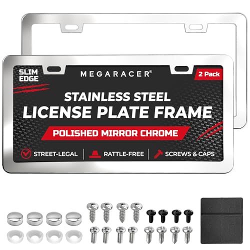 Polished Mirror Chrome Silver Thin License Plate Frames 2 Pack Car Wash Proof Stainless Steel Rust-Free Rattle-Free Street Legal Slim 2 Hole with Screw Caps Metal Front & Rear Car Tag Holders