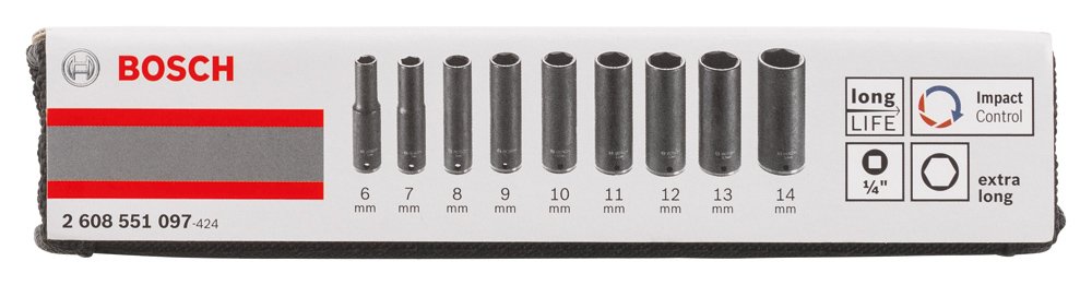 Bosch Profesional Pack de 9 suplementos de llave de vaso - Gris, 50 mm