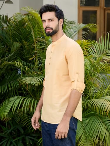Image of See Designs Men's Roll-Up Sleeve Mandarin Collar Deluxe Cotton Solid Short Kurta (Pack of 2) - Festive Collection