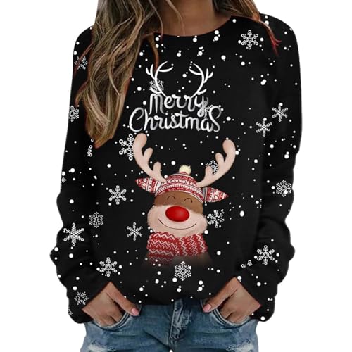 Ladies Christmas Jumpers Christmas Sweatshirt For Women Cute Reindeer Print Sweatshirt Loose Funny Xmas Jumpers Long Sleeve Crewneck Shirt Ladies Fashion Hoodies Sweaters (Black, XL)