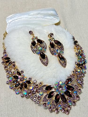 Women Jewelry Set Rhinestone Crystal Green Bride Statement Choker Necklace Teardrop Cluster Dangle Earrings Set for Wedding Party2