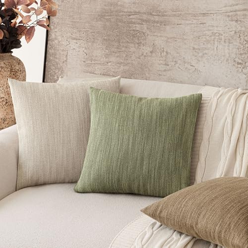 Image of Foindtower Set of 2 Decorative Textured Burlap Linen Throw Pillow Covers Farmhouse Boho Cushion Cover Solid Accent Pillowcase for Couch Sofa Bed Living Room Home Decor,20x20 Inch,Olive Green