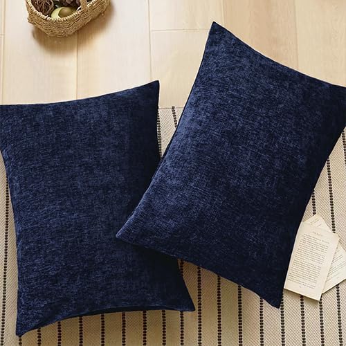 Image of CaliTime Pack of 2 Cozy Standard Pillow Shams Cases for Bed Bedding Decoration Solid Dyed Soft Chenille 20 X 26 Inches Navy Blue