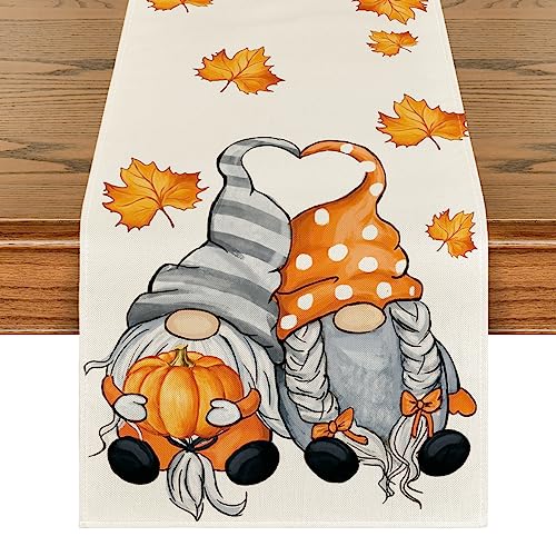 Artoid Mode Gnomos Calabazas Hojas de Arce Camino de Mesa Otoño, Temporada Cocina Decoración de la Mesa Interior Vacaciones Fiesta 40 x 140 cm