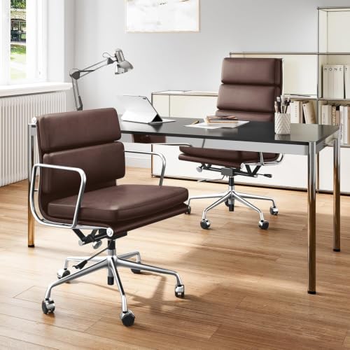Image of Genuine Leather Office Chair, Mid Back Executive Desk Chair | Real Leather, Lumbar Support, height adjustable, tilt lock, polished aluminum base for 350lb, silent casters, timeless Design
