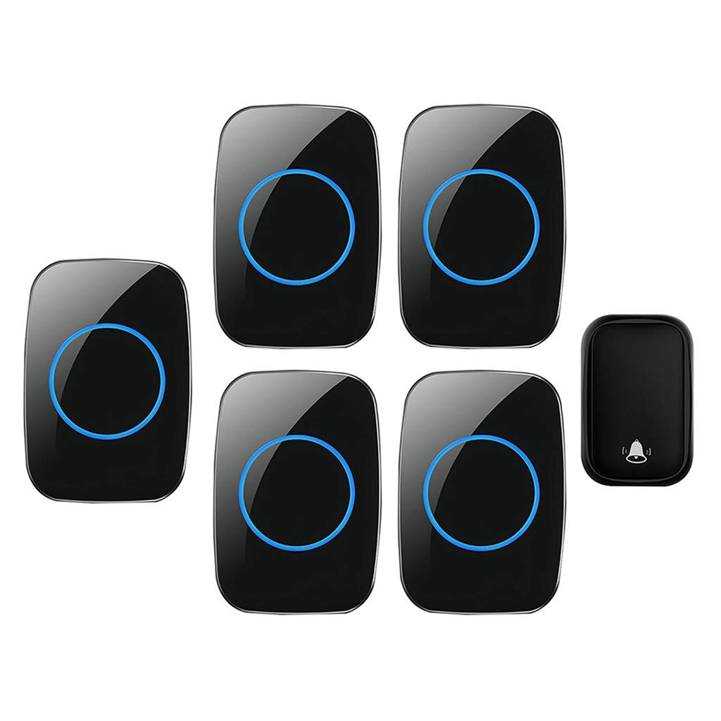 Kit Timbre Inalámbrico 5 Receptores 1 Pulsador 60 Timbres Impermeable 150m LED 2 Colores(Black)