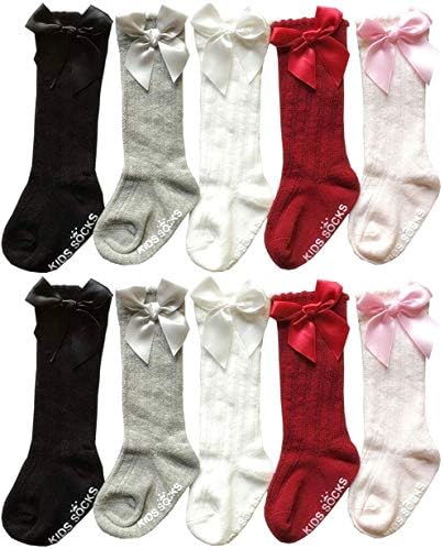 QandSweet Baby Girl Knee-High Socks Toddlers Bow Stockings Newborn Infant Non-Slip Sock (as1, age, 0_month, 12_months, A Non-skid 5 Pairs)