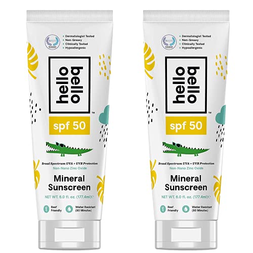Image of Hello Bello Sunscreen Mineral Lotion with Zinc Oxide - 30 SPF Broad Spectrum UVA/UVB Protection - Water Resistant, Hypoallergenic, Dermatologist & Clinically Tested - 3 Fl Oz (Pack of 2)