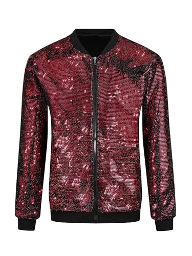 Lars Amadeus Sequin Varsity Jacket for Men's Zip Up Long Sleeves Party Disco Sparkle Bomber Jacket