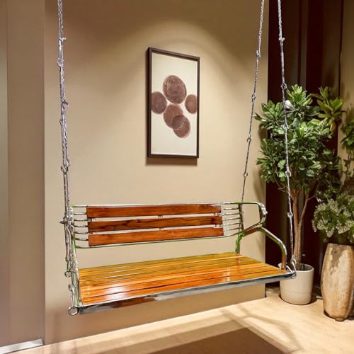 Image of Kaushalendra Hanging Swing for Indoor Outdoor Balcony, 122 cm Stainless Steel & Teak Wood, 350kg Capacity, Pre Assembled, Includes Springs & Hook