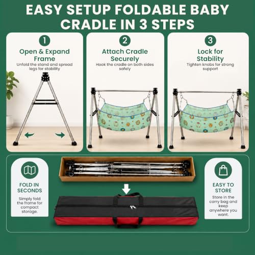 Image of Baby Cradle for New Born with Stand | Semi Foldable Jhula Palna Ghodiyu for 0-3 Years | Portable Baby Swing Cradle with Mosquito Net & Storage Bag for Home & Travel Use