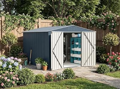 10x12 Ft Outdoor Metal Storage Shed, Galvanized Steel Garden Sheds with Lockable Doors, Extra Large Utility and Tool Storage for Patio Lawn Backyard Outside Use, Grey