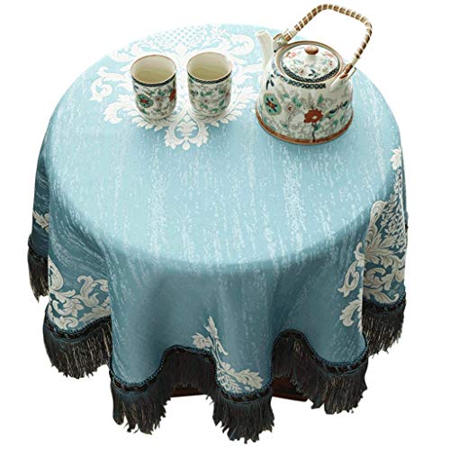 Nappe ronde brodée bleue de 180 cm pour table basse et repas de salon