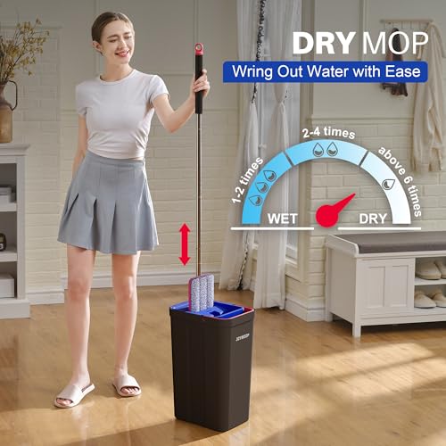 Image of JOYMOOP Mop and Bucket with Wringer Set, Hands Free Flat Floor Mop and Bucket, with 4 Washable Microfiber Pads, Wet and Dry Use, Floor Cleaning System - Black+Red+Slate Blue
