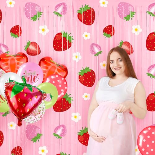 Image of Tiamon 2 Pack Strawberry Party Decorations 3.3 x 6.6 Ft Foil Fringe Curtains Berry First Birthday Backdrop Tinsel Streamers Photo Booth for Sweet Berry Shortcake Baby Shower Birthday Party Supplies