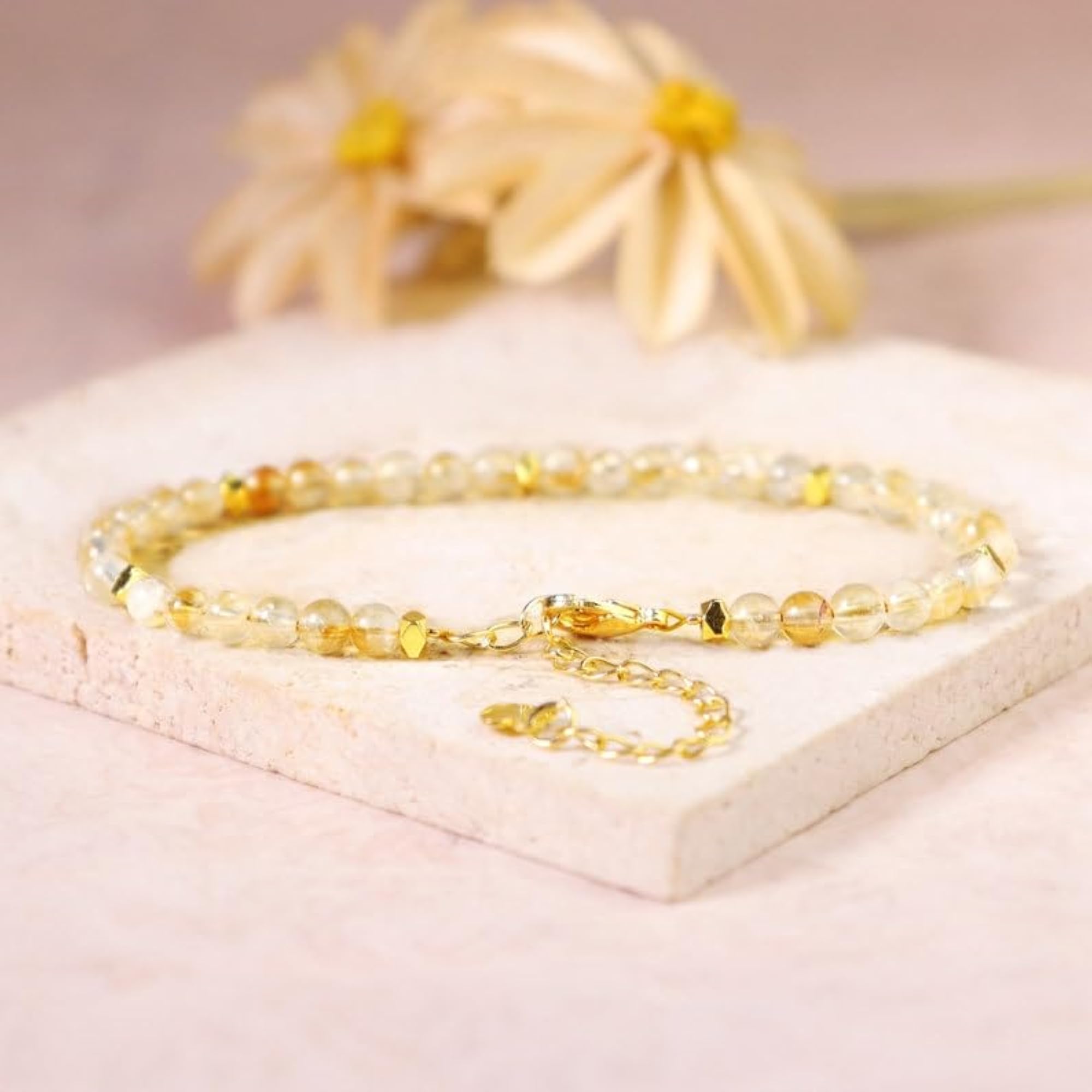 Citrine Round Beaded Bracelet with Gold Lock, Adjustable
