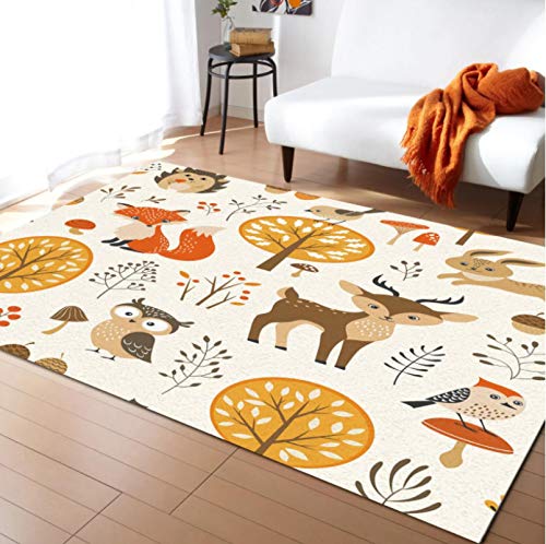 QNYH Dessin animé Animaux Bois Hibou Renard élan Tapis, Chambre Chambre Chevet Enfants Jeu Tapis vestiaire Chambre décor 80cmx150cm