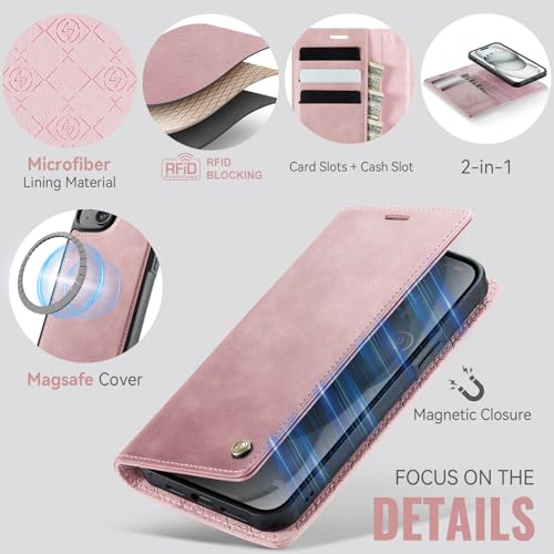 Image of Wallet Case for iPhone 13 Compatible with Magsafe, 2-in-1 PU Leather Flip RFID Blocking Card Holder Stand Shockproof Magnetic Detachable Cover for iPhone 13 Case 6.1 inch, Pink