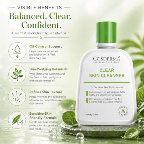 Image of Clear Skin Cleanser for Oily & Sensitive Skin with Matmarine, Tea Tree & Niacinamide | Gentle Oil-Balancing Cleanser 125ml