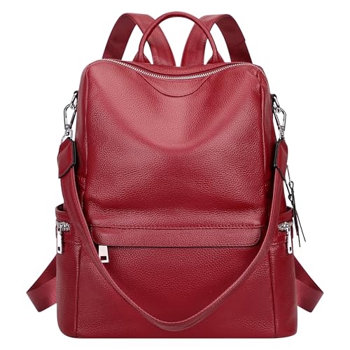 ALTOSY Leather Backpack for Women Elegant Genuine Backpack Purse Ladies Leather Shoulderbag (S80 Red Wine)