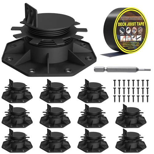 Deckit 12-Pack Adjustable Deck Support Pedestals 1.182.36 (3060 mm) for 24 & 26 Joist Framing Ground Support & Leveling for Patio Shed Base & Floating Deck Includes Joist Tape