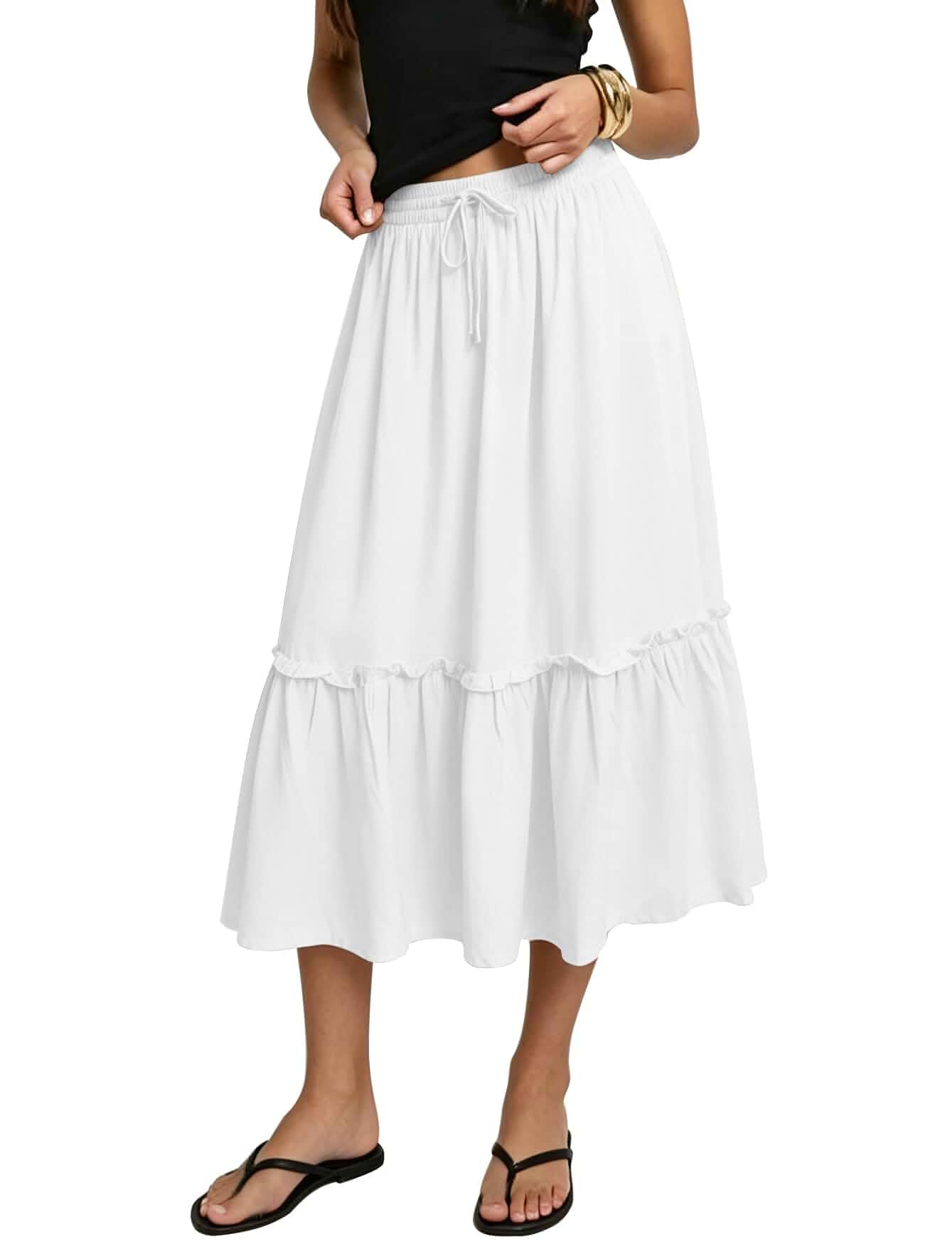 Urban CoCo Women's A Line Midi Skirt Elastic High Waist with Pockets Flowy, Stretchy, Below Knee, Summer, Spring, Fall, Casual, Work, Pull On, Versatile