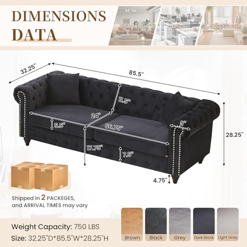 Image of Mid Century Modern Couch, 85.5 inchW Velvet Fabric Button Tufted Oversized Loveseat Sofa with Nailhead Trim & Roll Armrests, Deep Seat Comfy Chesterfield Sofa for Living Room, Office(3 Seater, Dark Black)