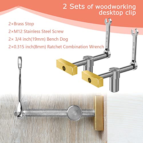 2 Pack Bench Dog Clamps - 3/4 Inch Stainless Steel & Brass Workbench Clamps For Woodworking, Adjustable Bench Dogs With Easy-To-Use Ratchet Wrench Handle, Fits Mft Tables, Secure & Versatile (19Mm) #TOP1