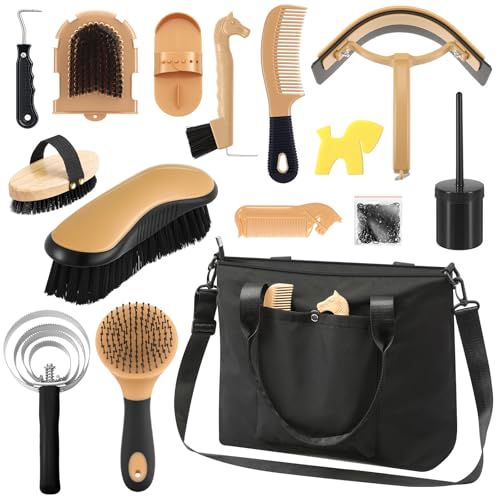 Abbylike 15 Pieces Horse Grooming Kit with Organizer Tote Bag Tack Room Supplies Horse Brush Sets Care Equine Cleaning Kit Shedding Grooming Massaging Tools(Black)