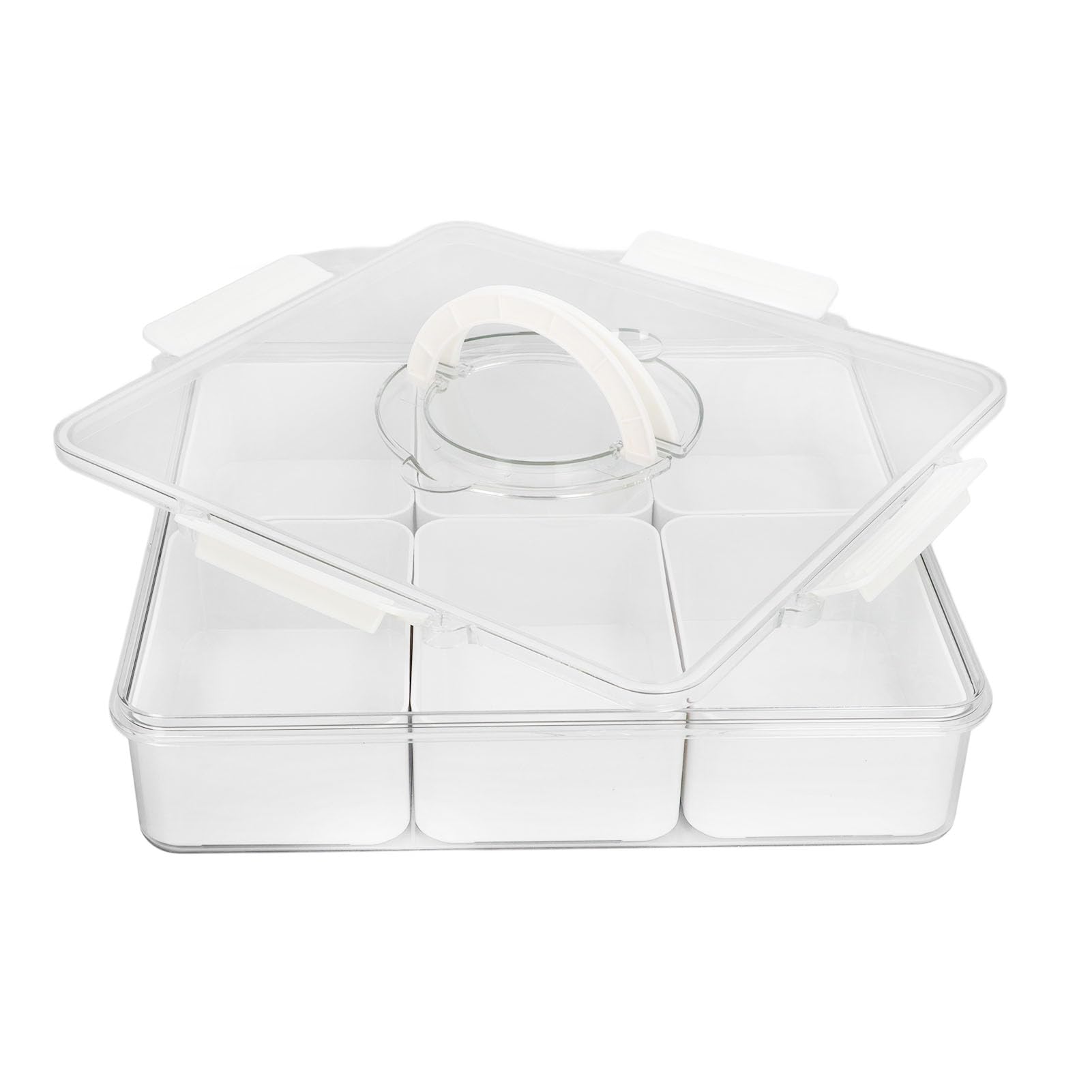 Caja Organizadora de Snackles Portátil para Cocina con 6 Rejillas y Tapa Sellada Ideal para Almacenar Frutas y Dulces 34x32x7.5cm (Blanco)