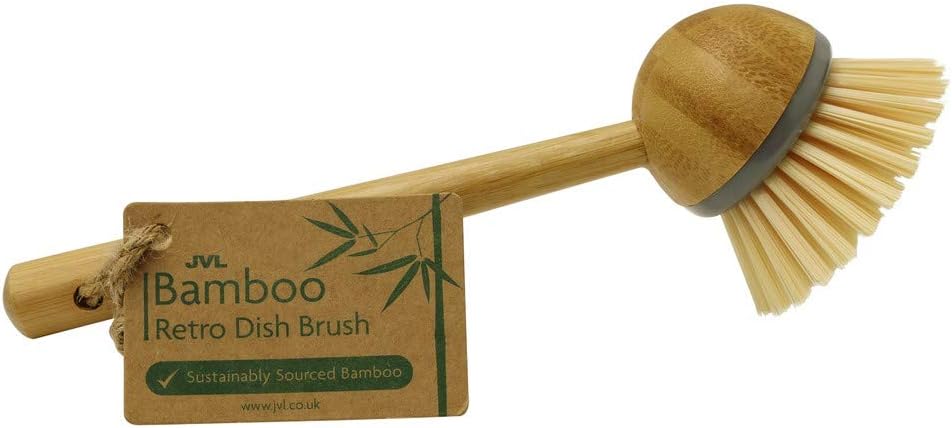 JVL Round Bamboo Long Handle Washing Up Dish Brush, Natural,