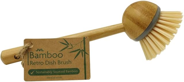 JVL 20-301 Round Bamboo Long Handle Washing Up Dish Brush, Natural