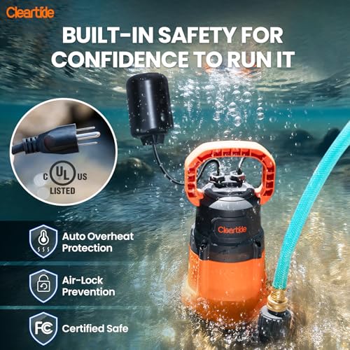 Image of Cleartide Submersible Water Sump Pump with Float Switch, 1 /2 HP 3060 GPH High Flow, Ideal for Yard and Flooded Cellar, Hot Tub, Garden Irrigation, Debris-Handling up to 3 /8 inch
