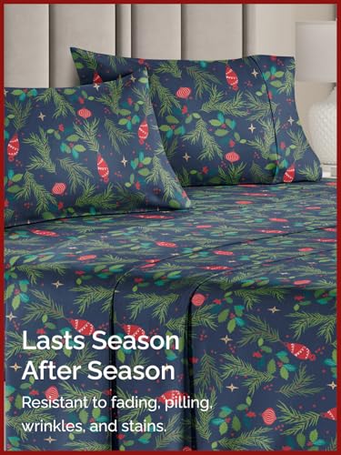 Full Christmas Garland Sheet Set - Holiday Xmas Pattern Bedding Set - Deep Pockets - Snug Fit - 4 Piece - Wrinkle Free & Easy Care - Comfy Festive Winter - Holiday Sheets for Women, Men, Kids & Teens