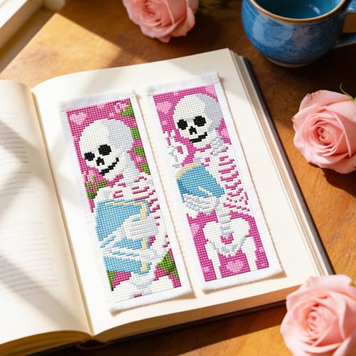 Image of ACRNIGHEET 6PCS Cross Stitch Kits Stamped Cross Stitch Bookmark Kit for Beginner Adults Skull Reading Embroidery Bookmark Kit Needlepoint Kits with Instructions Book Lovers Craft Gift 8.5''x3'' 11CT